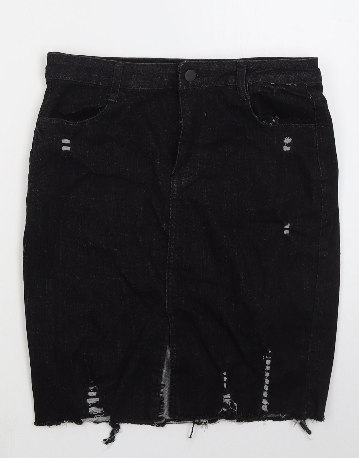 Preworn Womens Black  Cotton Straight & Pencil Skirt Size 30 in   Button - Distressed Look