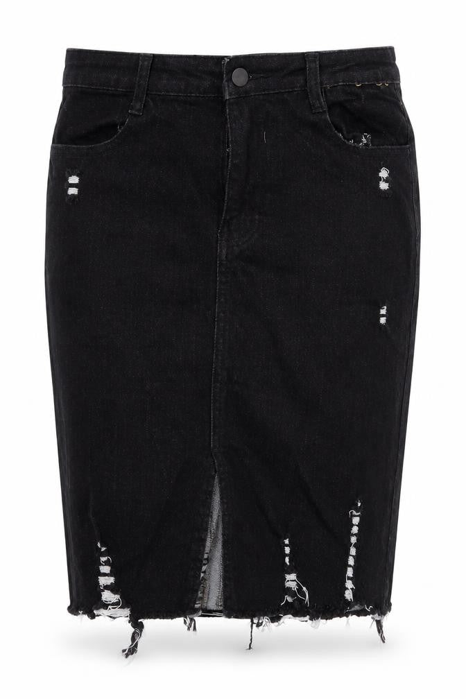 Preworn Womens Black  Cotton Straight & Pencil Skirt Size 30 in   Button - Distressed Look