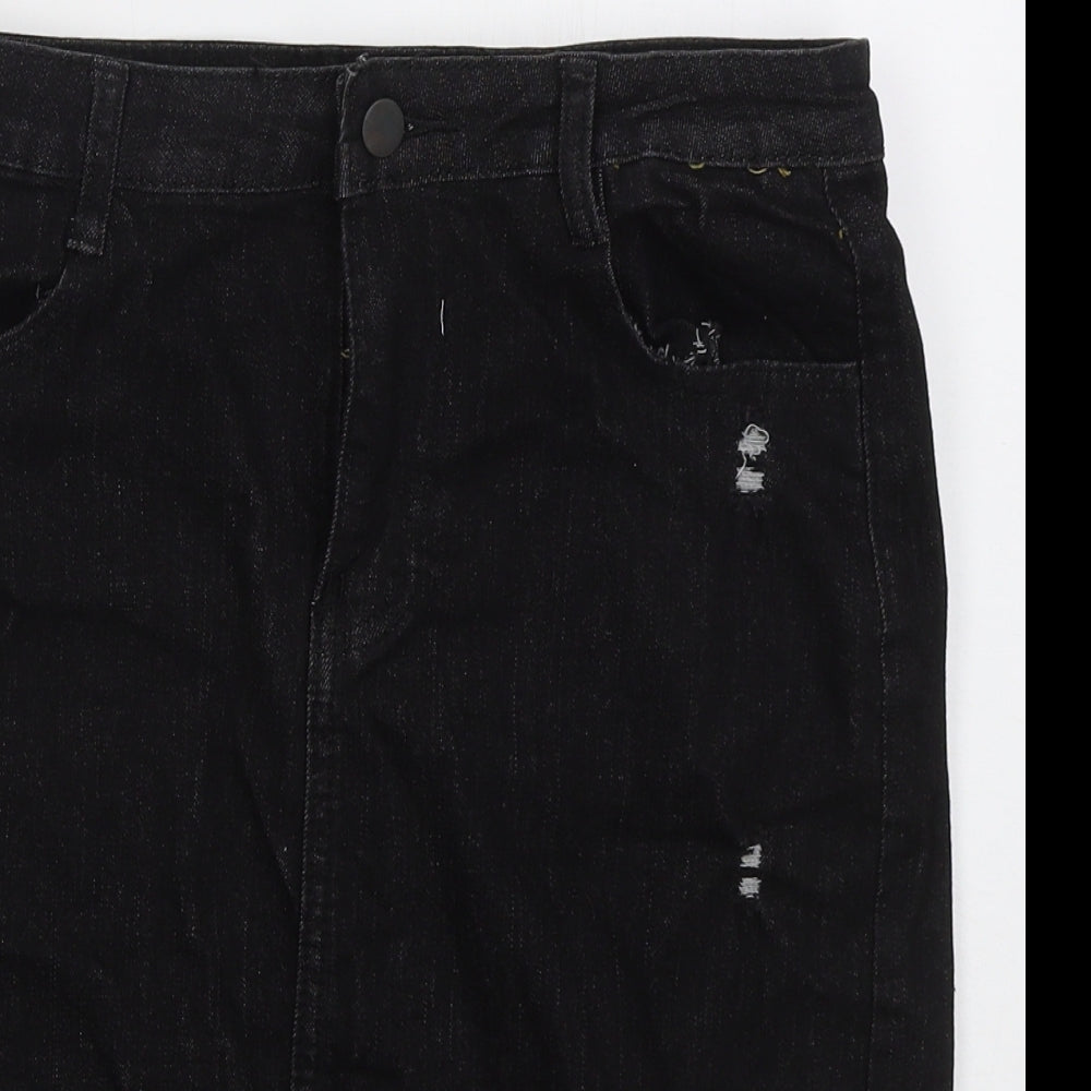 Preworn Womens Black  Cotton Straight & Pencil Skirt Size 30 in   Button - Distressed Look