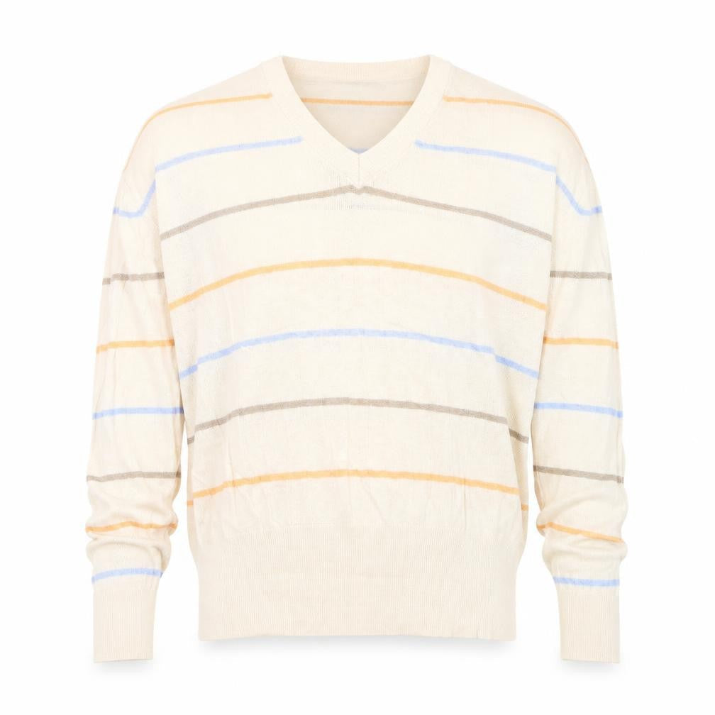 Marks & Spencer Mens Ivory V-Neck Striped Viscose Pullover Jumper Size L