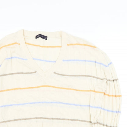 Marks & Spencer Mens Ivory V-Neck Striped Viscose Pullover Jumper Size L