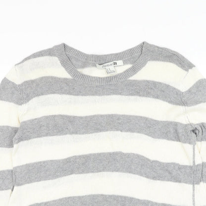 Forever 21 Womens Grey Round Neck Striped Cotton Pullover Jumper Size M