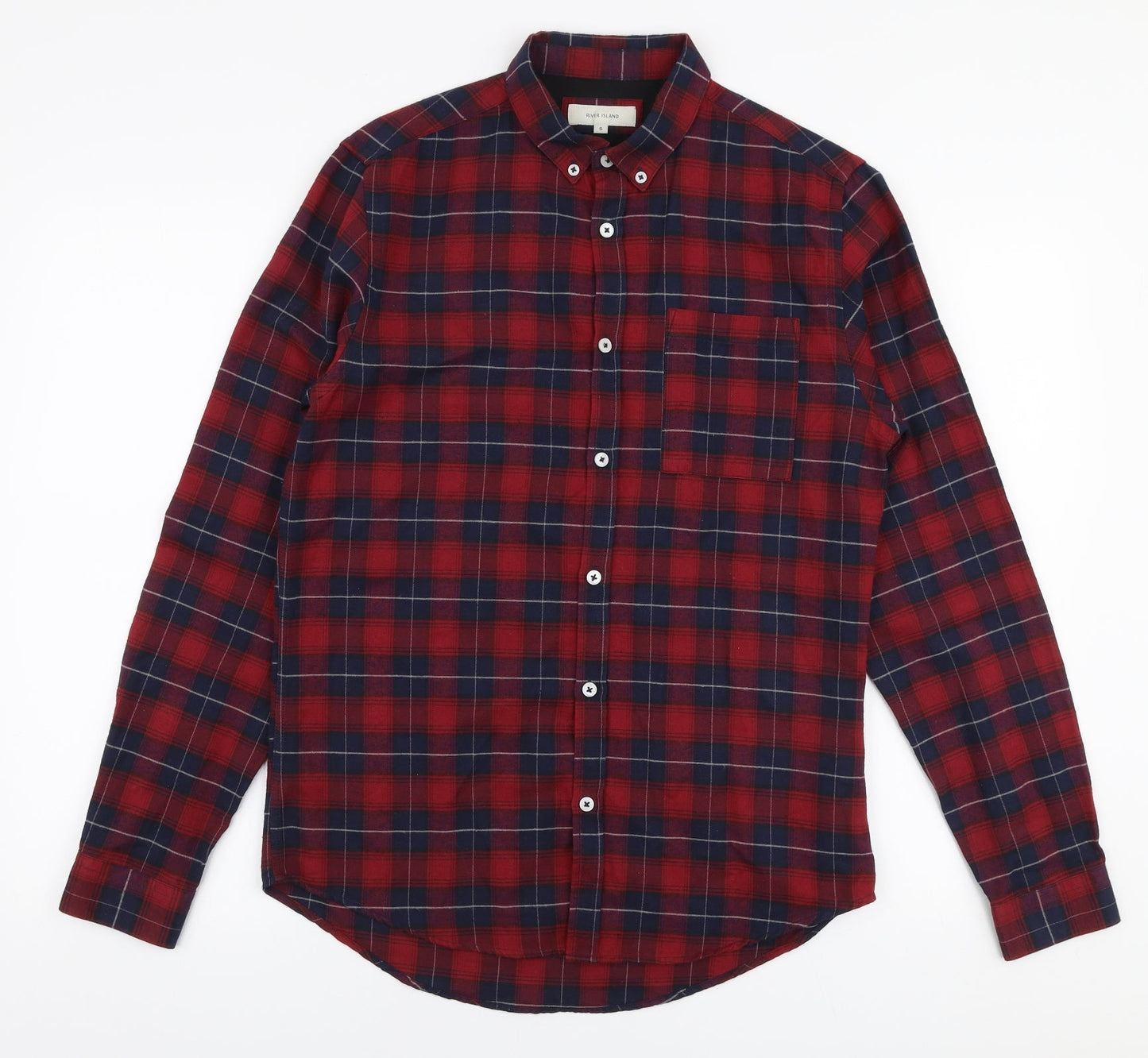 River Island Mens Multicoloured Plaid Cotton  Button-Up Size S Collared Button