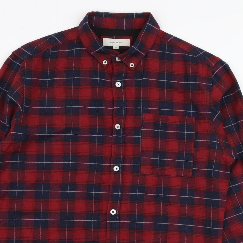 River Island Mens Multicoloured Plaid Cotton  Button-Up Size S Collared Button