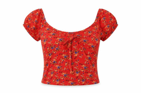 Miss Selfridge Womens Red Floral Viscose Cropped T-Shirt Size 8 Scoop Neck