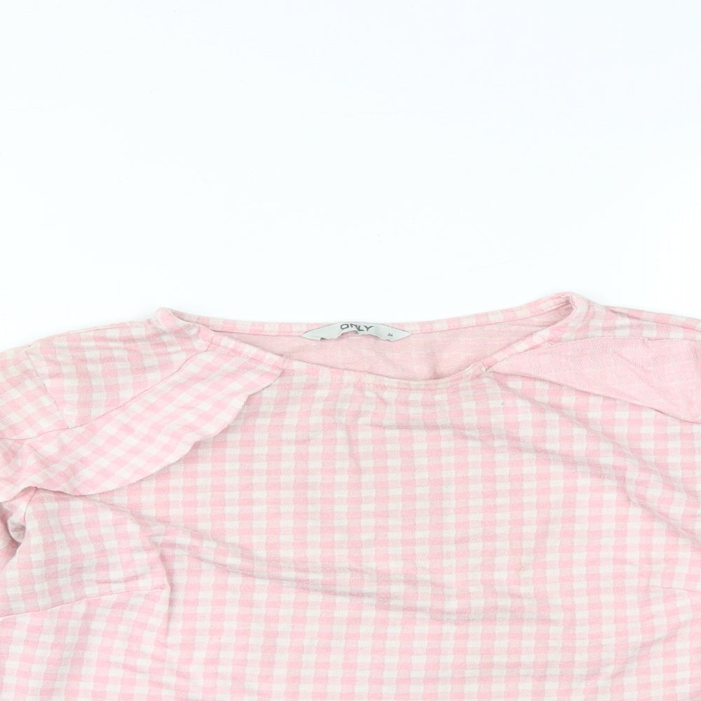 Only  Womens Pink Check Polyester Basic Blouse Size M Round Neck