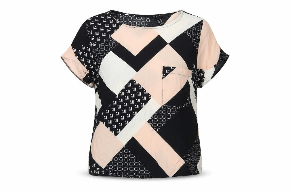 New Look Womens Black Geometric Viscose Basic Blouse Size 14 Boat Neck