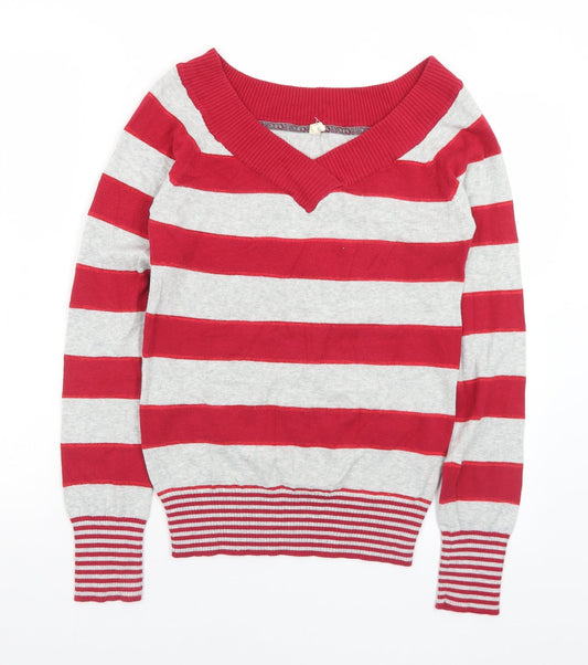 BSK Womens Red V-Neck Striped Acrylic Pullover Jumper Size M