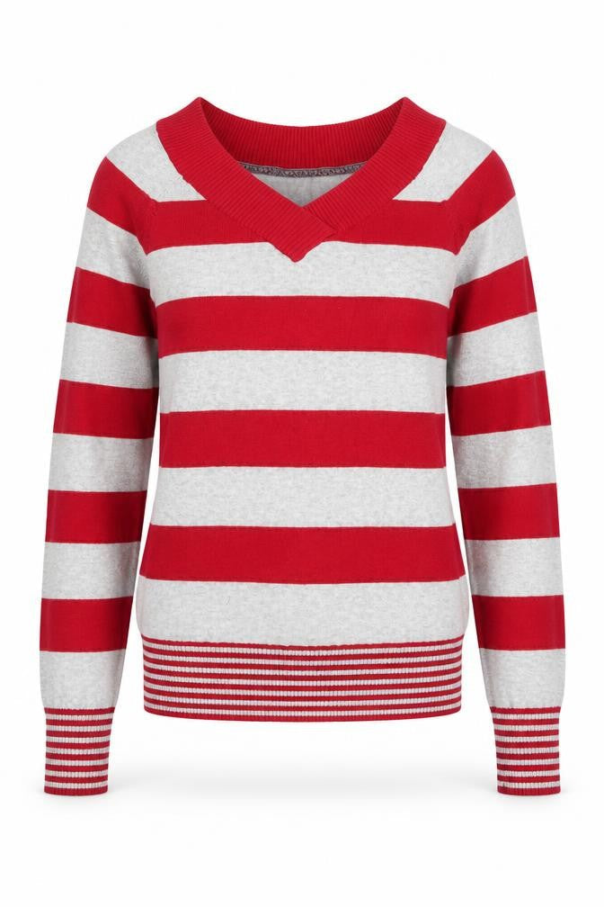 BSK Womens Red V-Neck Striped Acrylic Pullover Jumper Size M