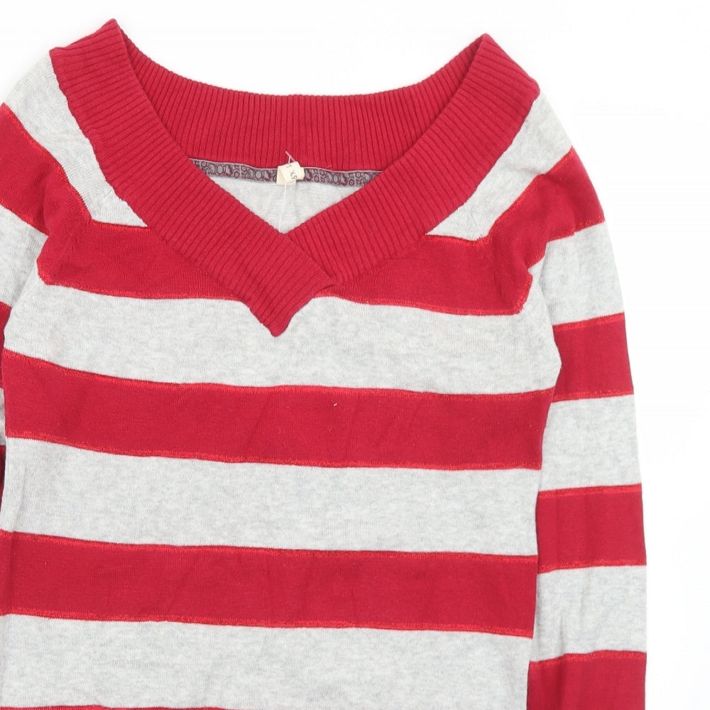 BSK Womens Red V-Neck Striped Acrylic Pullover Jumper Size M