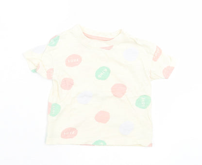 Primark Girls Beige Geometric Polyester Basic T-Shirt Size 9-12 Months Crew Neck Pullover