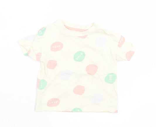 Primark Girls Beige Geometric Polyester Basic T-Shirt Size 9-12 Months Crew Neck Pullover