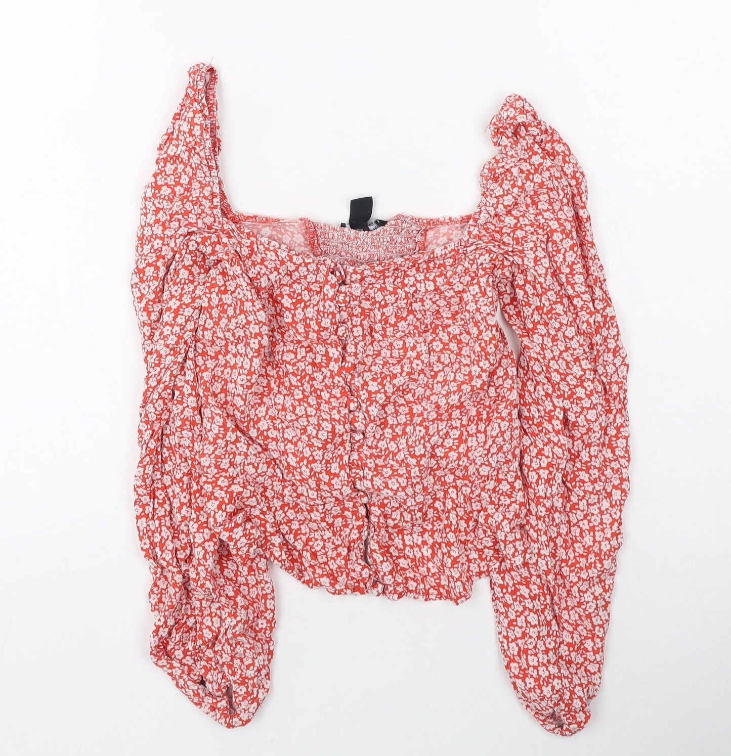 New Look Womens Red Floral Polyester Basic Button-Up Size 6 Square Neck