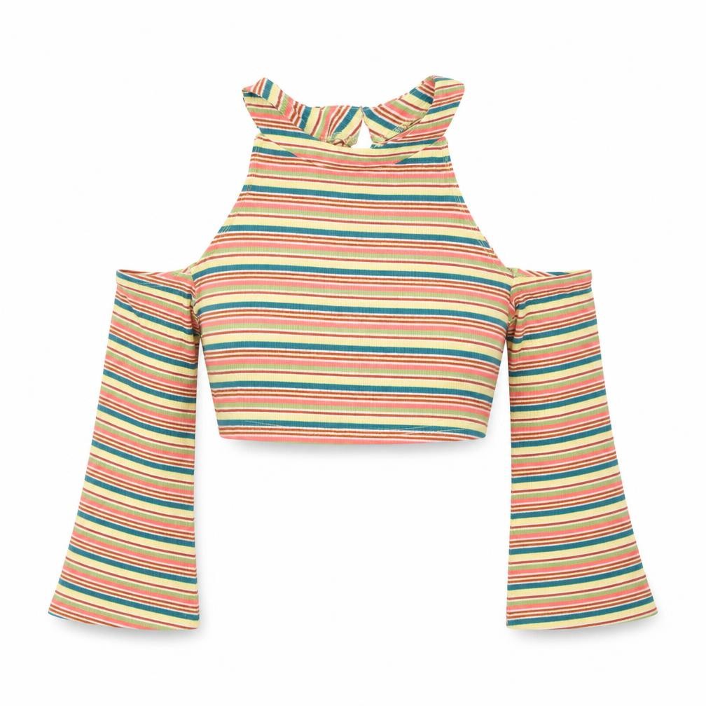 SheIn Womens Multicoloured Striped Polyester Cropped Blouse Size M Halter - cold shoulder