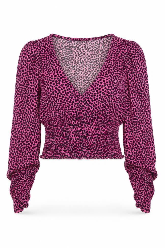 New Look Womens Pink Animal Print Polyester Basic Blouse Size 6 V-Neck