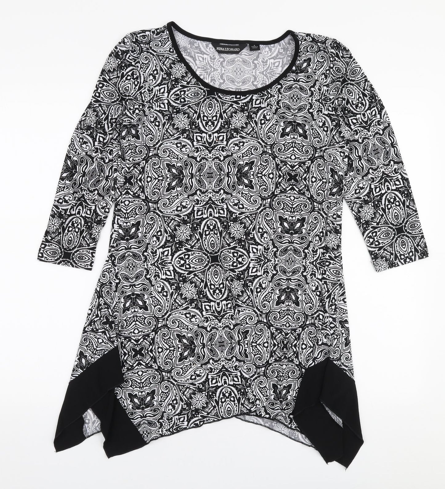 Nina Leonard Womens Black Paisley Polyester Basic Blouse Size S Round Neck