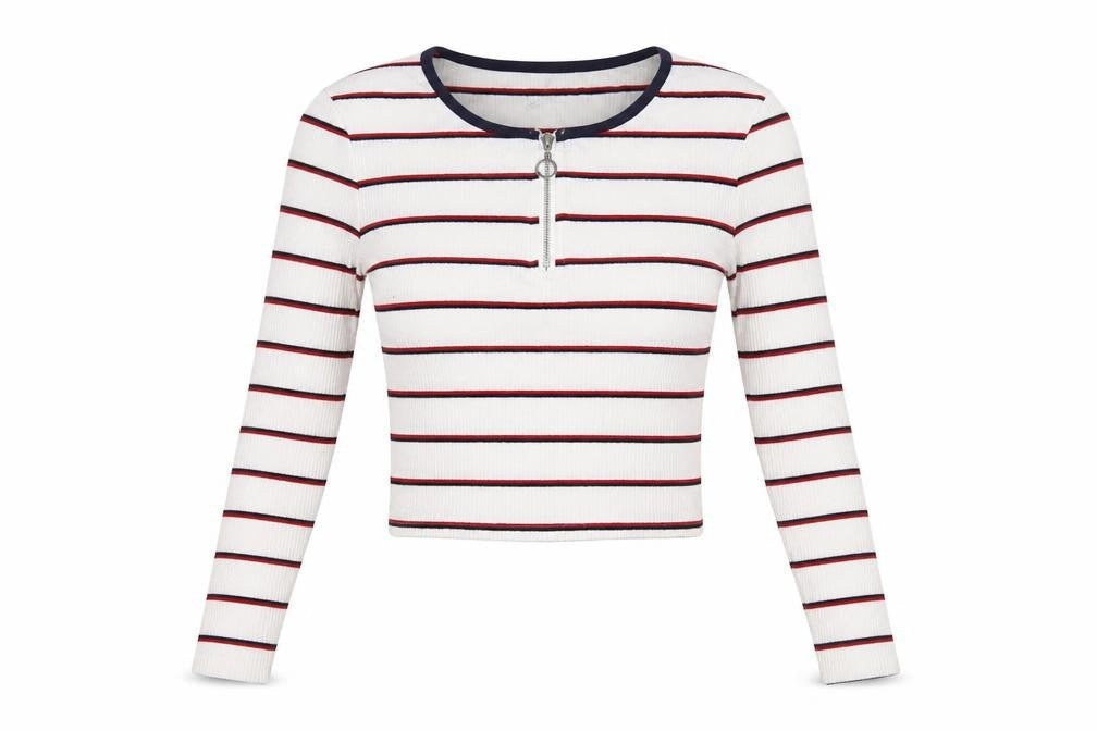 Glamorous Womens White Striped Polyester Basic T-Shirt Size 8 Boat Neck - Cropped