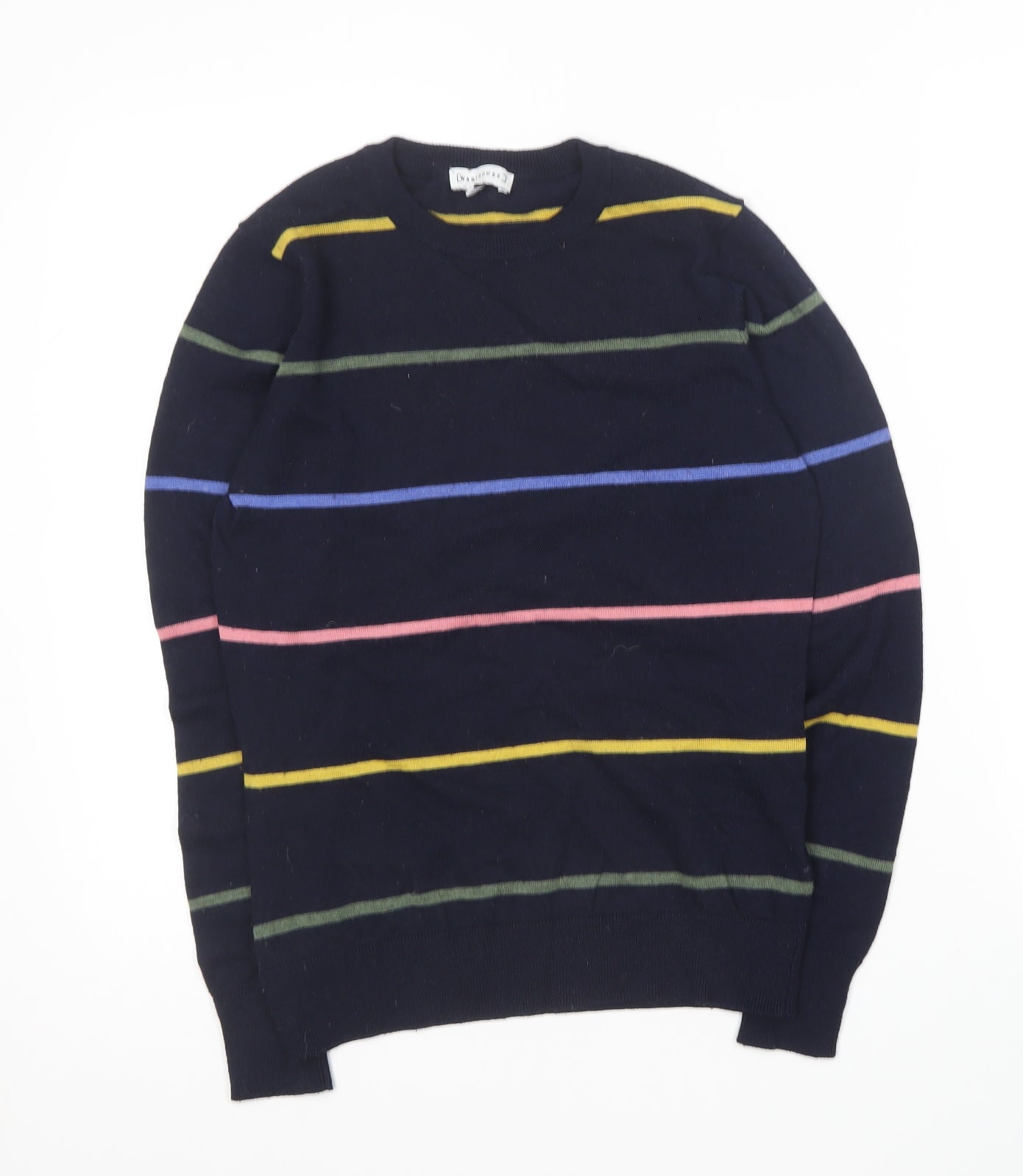Warehouse Womens Blue Round Neck Striped Polyester Pullover Jumper Size 8