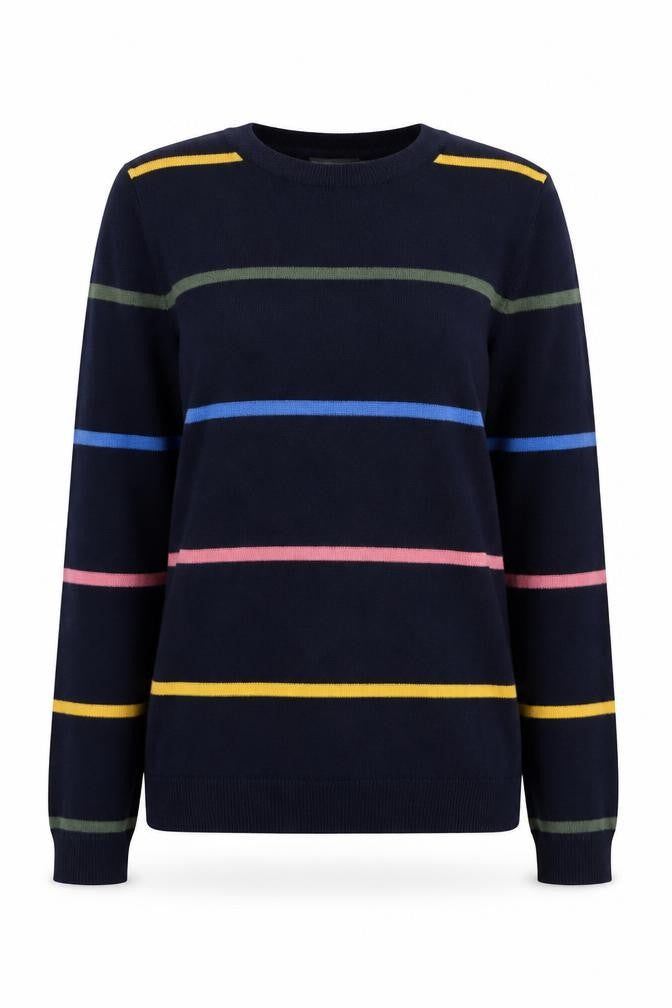 Warehouse Womens Blue Round Neck Striped Polyester Pullover Jumper Size 8