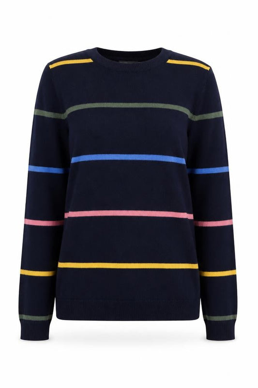 Warehouse Womens Blue Round Neck Striped Polyester Pullover Jumper Size 8