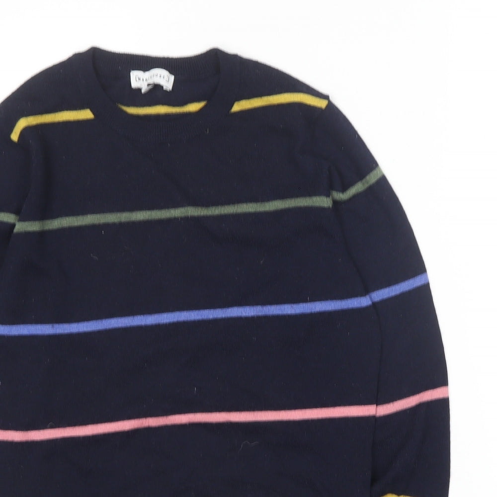 Warehouse Womens Blue Round Neck Striped Polyester Pullover Jumper Size 8