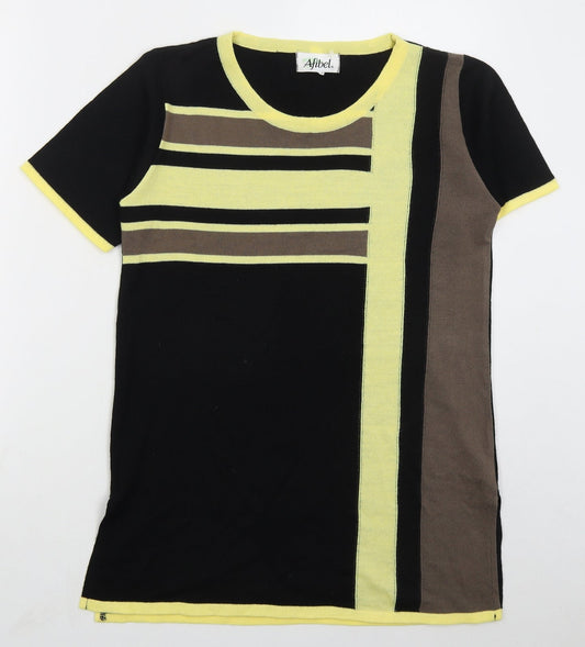 Afibel Womens Black Crew Neck Striped Acrylic Pullover Jumper Size 10   - Yellow