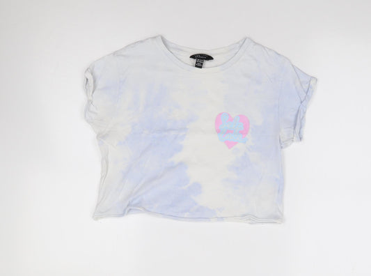 New Look  Girls Blue Geometric 100% Cotton Cropped T-Shirt Size 12-13 Years Crew Neck Pullover