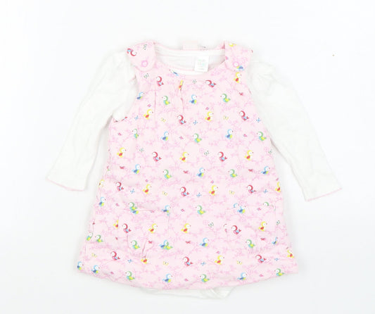 Mini Club Girls Pink Geometric Cotton Pinafore/Dungaree Dress  Size 3-6 Months  Round Neck Button - 2 Piece set