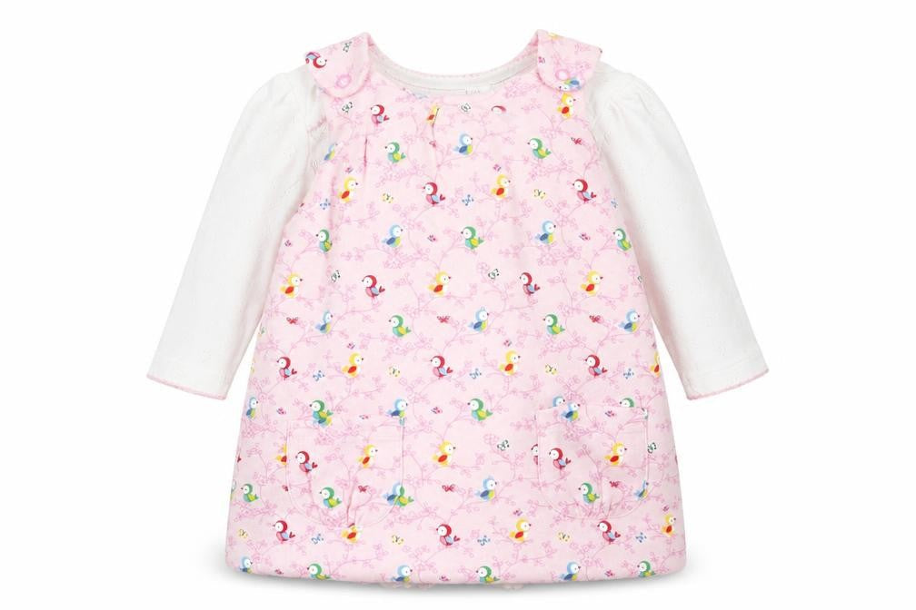 Mini Club Girls Pink Geometric Cotton Pinafore/Dungaree Dress  Size 3-6 Months  Round Neck Button - 2 Piece set
