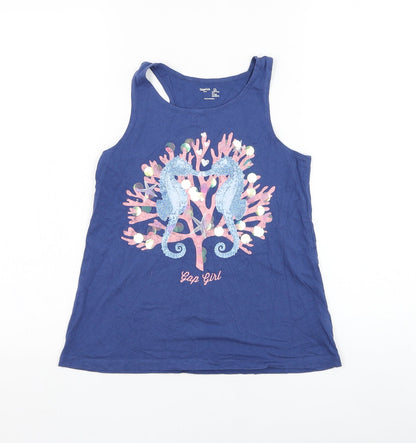 Gap Girls Blue  Cotton Basic Tank Size 10-11 Years Round Neck Pullover - Seahorse