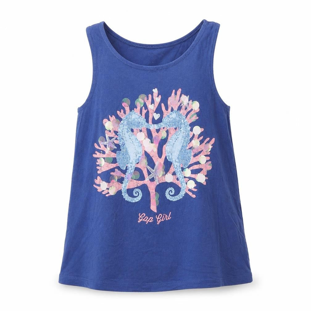 Gap Girls Blue  Cotton Basic Tank Size 10-11 Years Round Neck Pullover - Seahorse