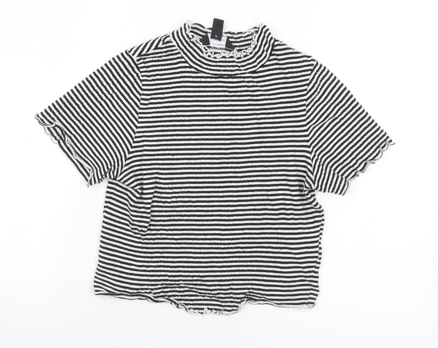 New Look Womens Black Striped Cotton Cropped T-Shirt Size 8 Mock Neck