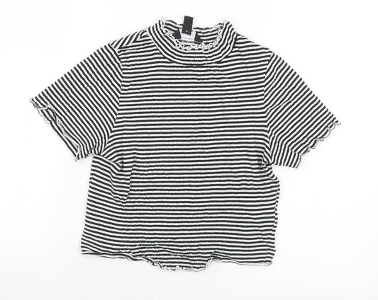 New Look Womens Black Striped Cotton Cropped T-Shirt Size 8 Mock Neck