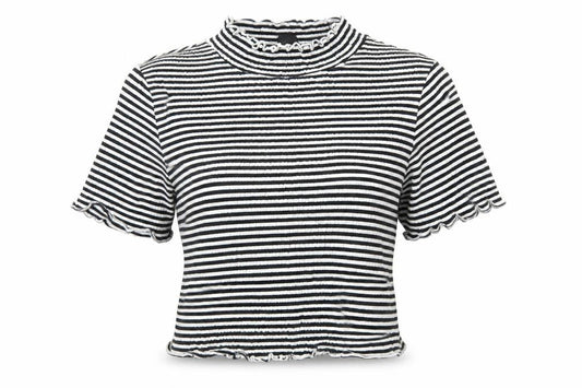 New Look Womens Black Striped Cotton Cropped T-Shirt Size 8 Mock Neck