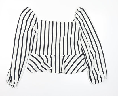 H&M Womens White Striped Polyester Basic Blouse Size L Square Neck