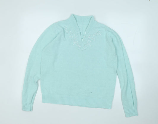 EWM Womens Blue V-Neck  Acrylic Pullover Jumper Size M