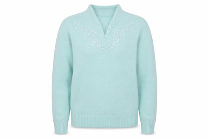 EWM Womens Blue V-Neck  Acrylic Pullover Jumper Size M