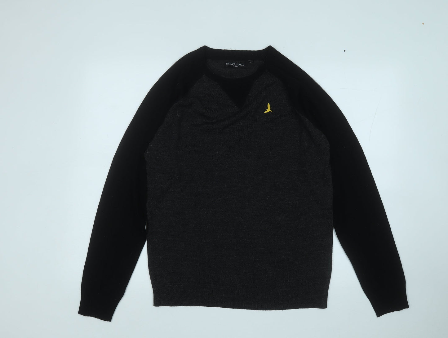Brave Soul Mens Black Round Neck  Acrylic Pullover Jumper Size M