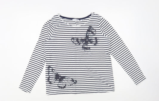 NEXT Womens White Striped Cotton Basic T-Shirt Size 8 Boat Neck - Butterflies