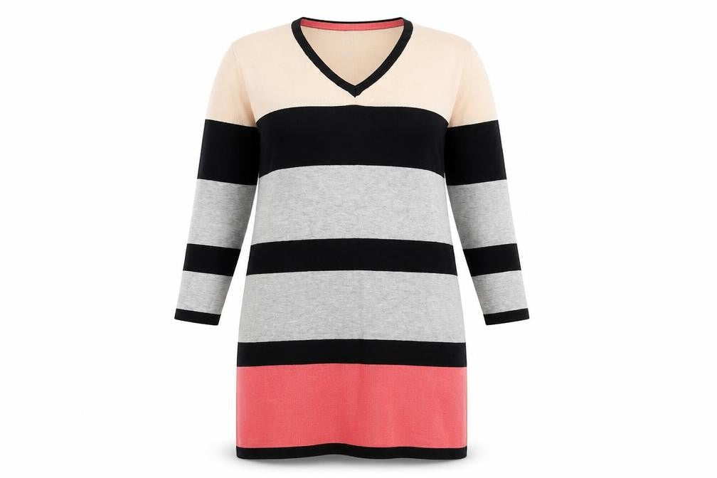 F&F Womens Multicoloured V-Neck Striped Viscose Tunic Jumper Size 14