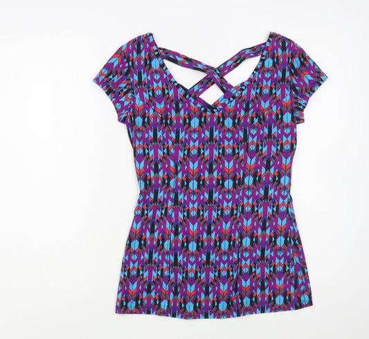 No Boundaries Womens Multicoloured Geometric Cotton Basic T-Shirt Size S V-Neck