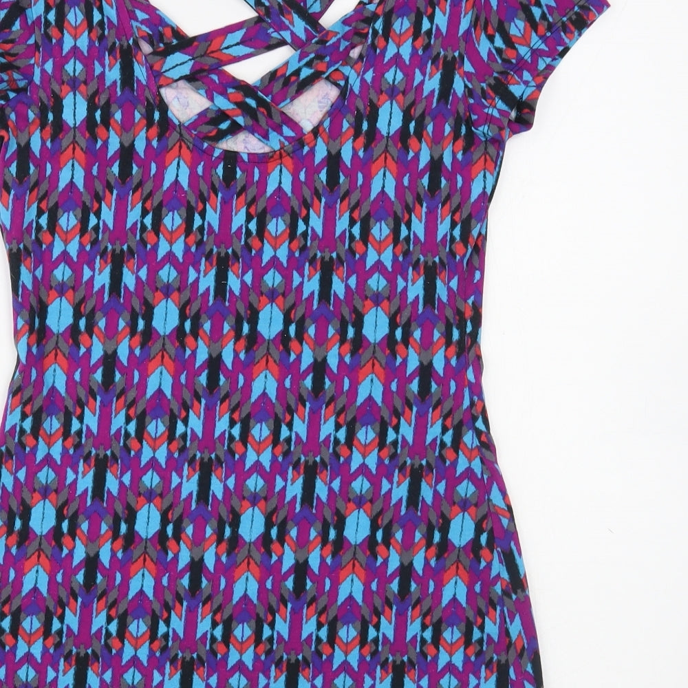 No Boundaries Womens Multicoloured Geometric Cotton Basic T-Shirt Size S V-Neck