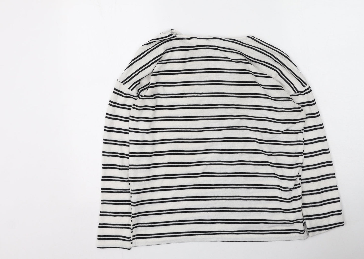 peacoks Womens White Round Neck Striped Polyester Pullover Jumper Size 8