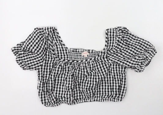 khushi Womens Black Check Cotton Cropped T-Shirt Size M Off the Shoulder