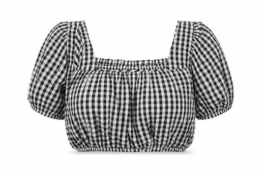 khushi Womens Black Check Cotton Cropped T-Shirt Size M Off the Shoulder