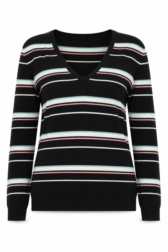 Marks & Spencer Womens Multicoloured V-Neck Striped Viscose Pullover Jumper Size 14