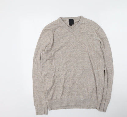 H&M Mens Beige V-Neck  Cotton Pullover Jumper Size M