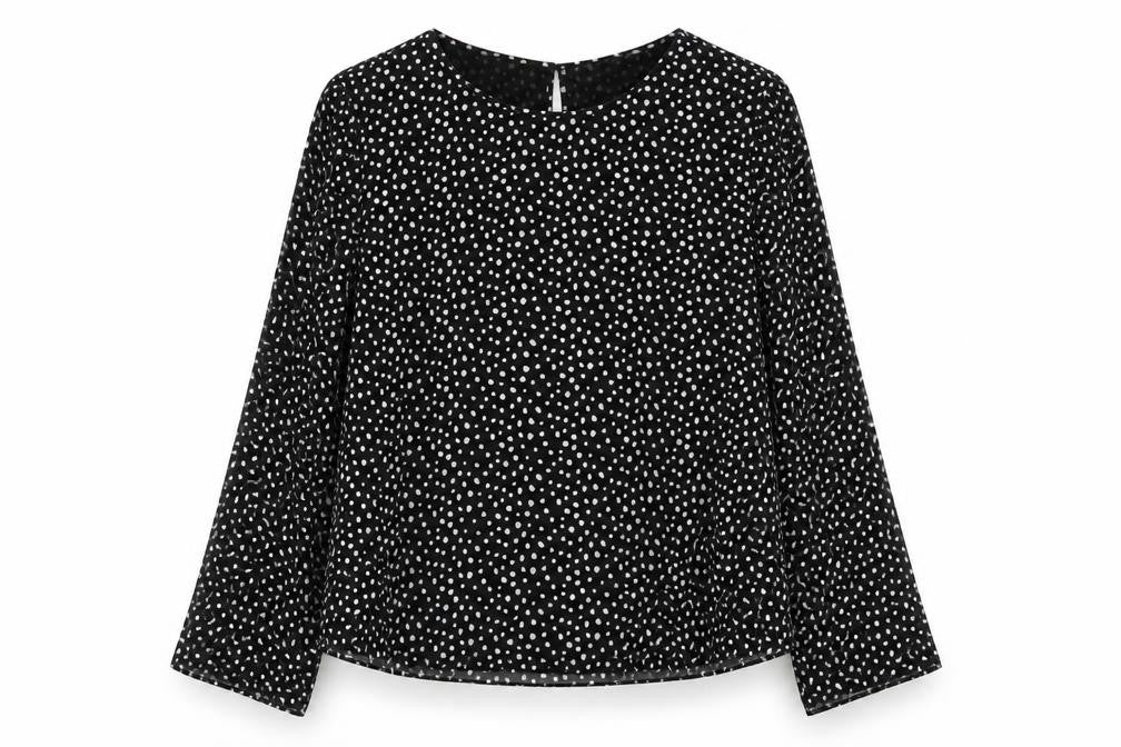 Stradivarius Womens Black Polka Dot Polyester Basic Blouse Size S Crew Neck