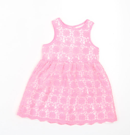 Young Dimension Girls Pink Floral Polyester A-Line  Size 9-12 Months  Crew Neck Button