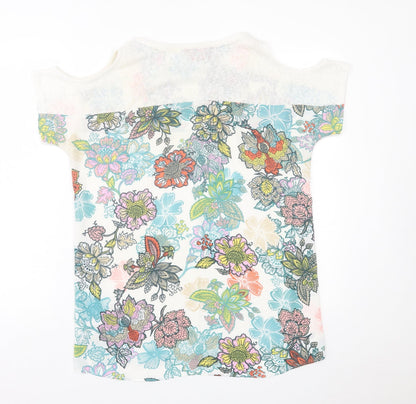 Next Womens Multicoloured Floral Polyester Basic T-Shirt Size 12 Crew Neck - cold Shoulder